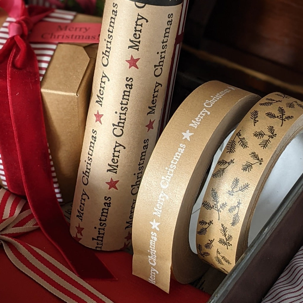 50m Christmas Craft Brown Tape, Red Festive Gift Wrap Tape