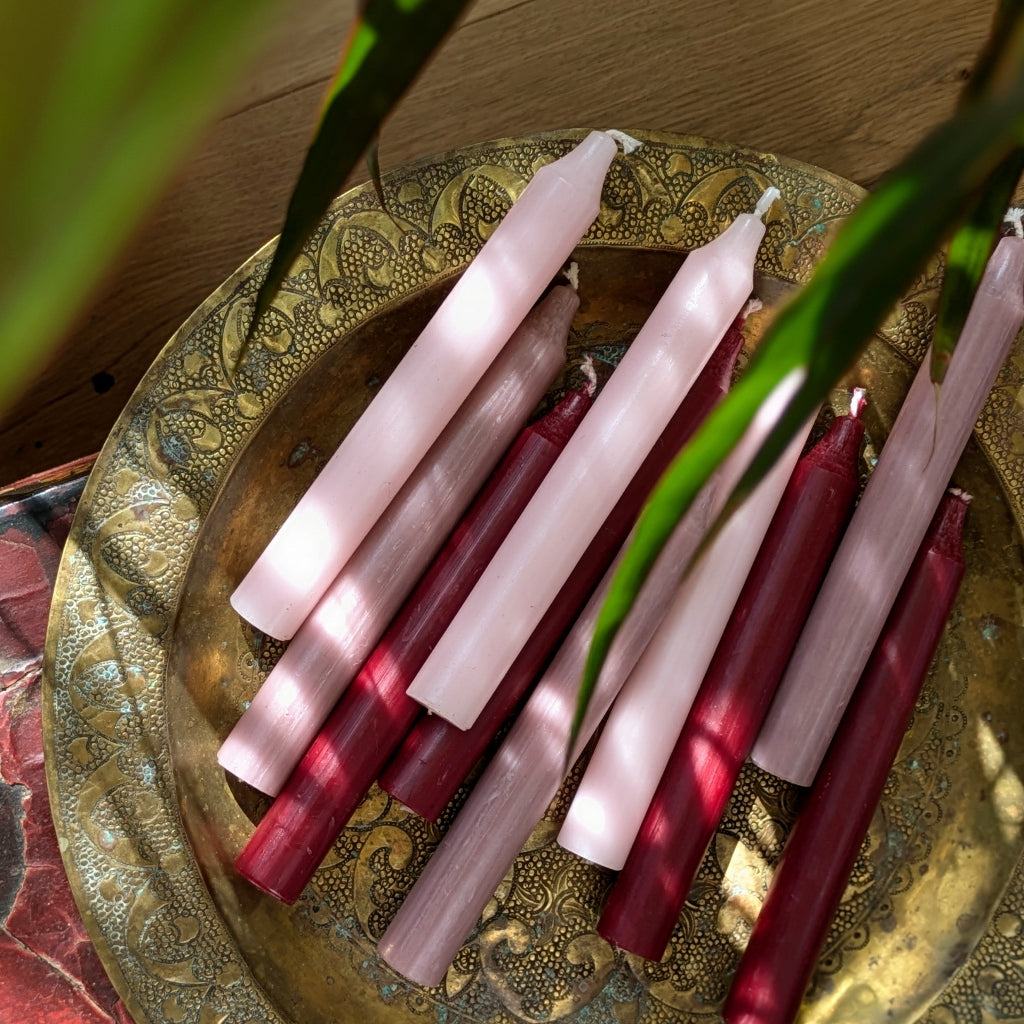10 Dinner Candles 18cm x 22mm | Rose Pink & Burgundy Mixed Assortment - Thedanes.co.uk - Creative & Sustainable Living The Scandinavian Way