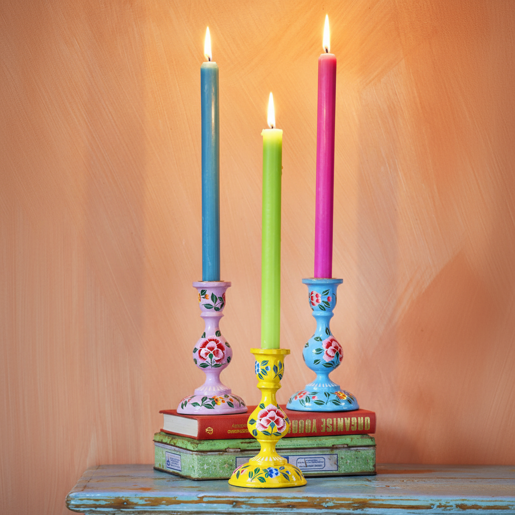 Hand Painted Kashmiri Candlesticks | 3 Assorted Colours | 8.5cm x 16cm - Thedanes.co.uk - Creative & Sustainable Living The Scandinavian Way