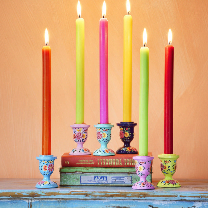 Small Hand Painted Kashmiri Candlestick | Assorted Colours 5 x 7.5cm - Thedanes.co.uk - Creative & Sustainable Living The Scandinavian Way