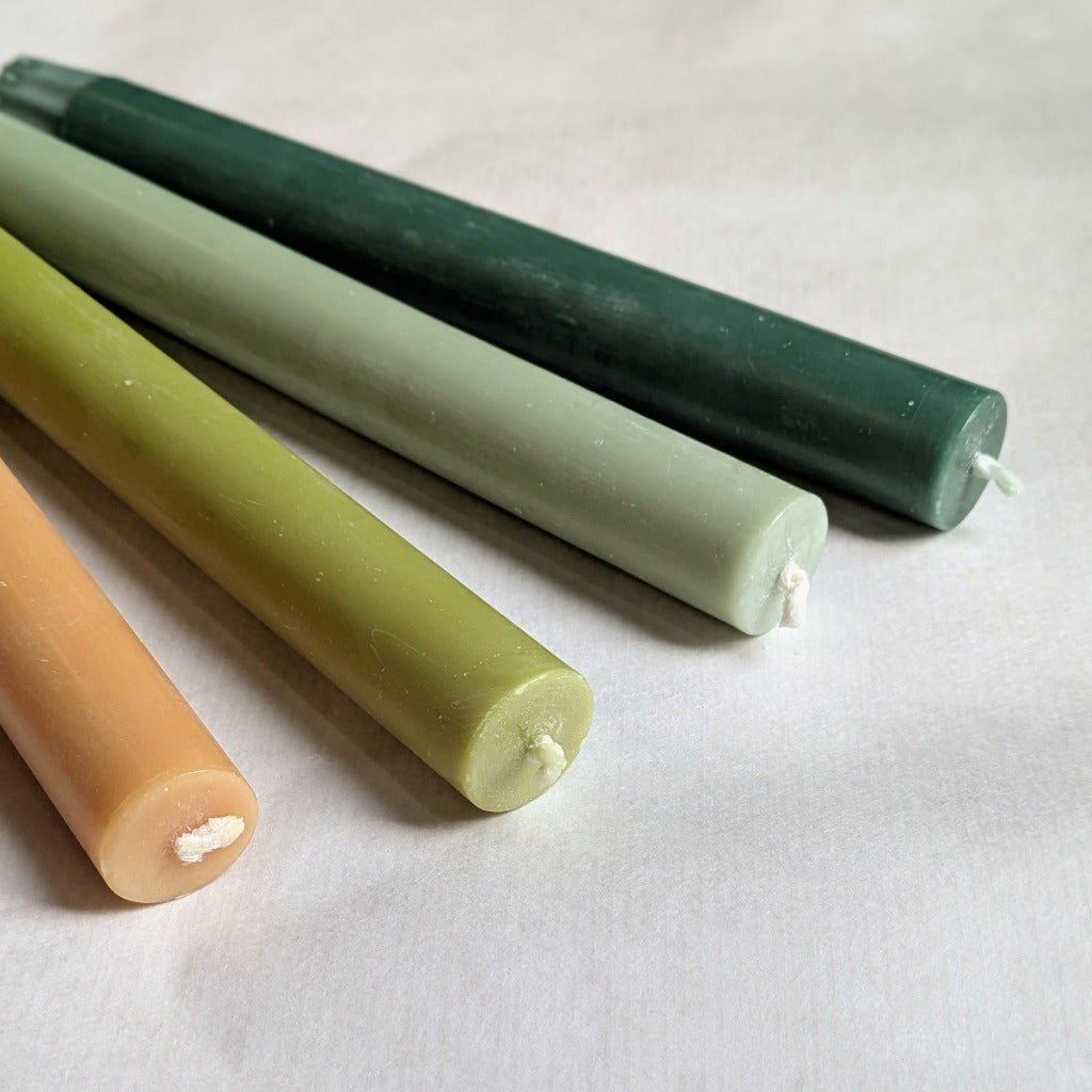 4 Green & Yellow Dinner Candles 20cm x 22mm | 100% Natural & Handmade - Thedanes.co.uk - Creative & Sustainable Living The Scandinavian Way