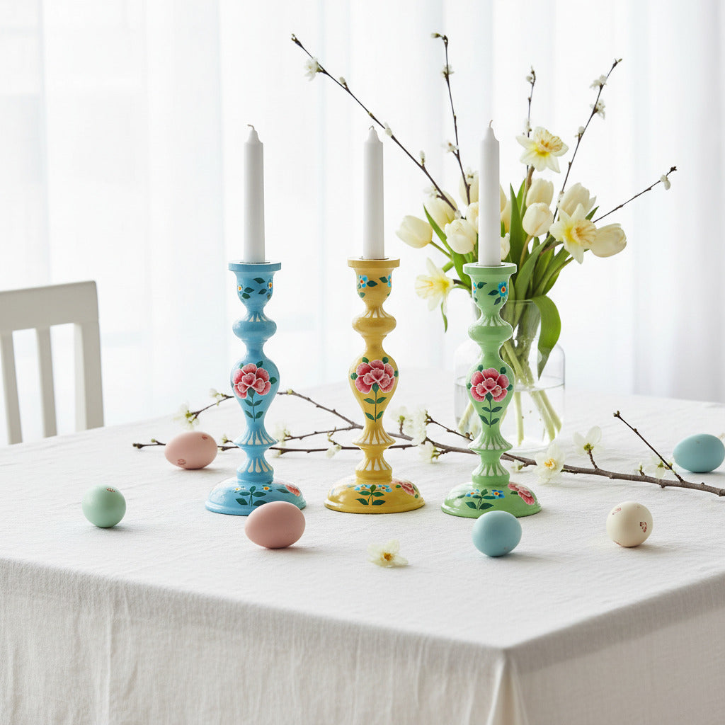 Yellow Kashmiri Hand Painted Candlestick | Large - Thedanes.co.uk - Creative & Sustainable Living The Scandinavian Way