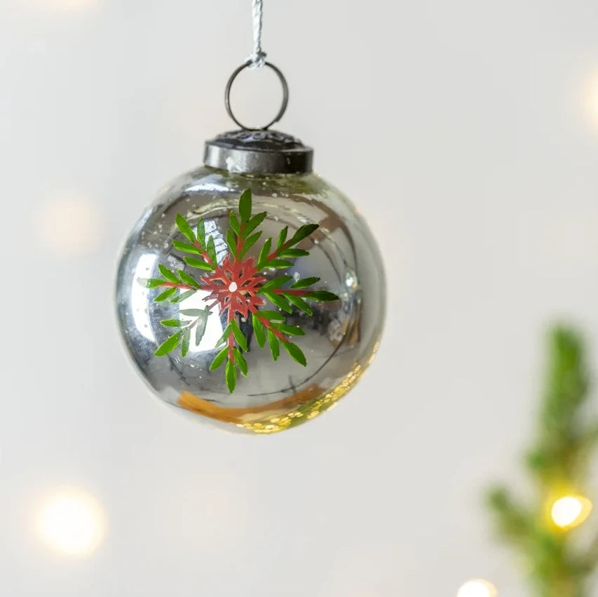 Silver Glass Bauble With Hand Painted Floral Design  - 2 Sizes - Thedanes.co.uk - Creative & Sustainable Living The Scandinavian Way