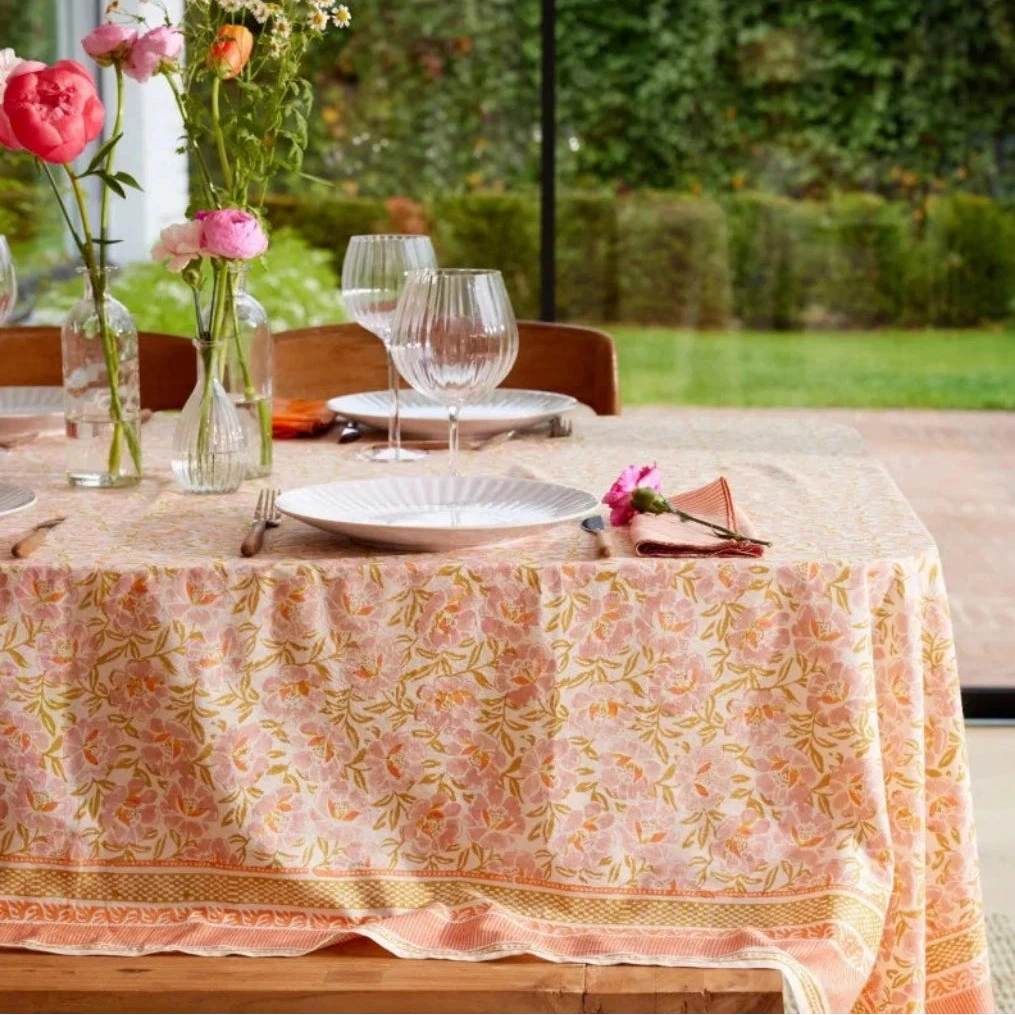 Blockprint Cotton Tablecloth 170x250cm | Soft Orange & Pink - Thedanes.co.uk - Creative & Sustainable Living The Scandinavian Way