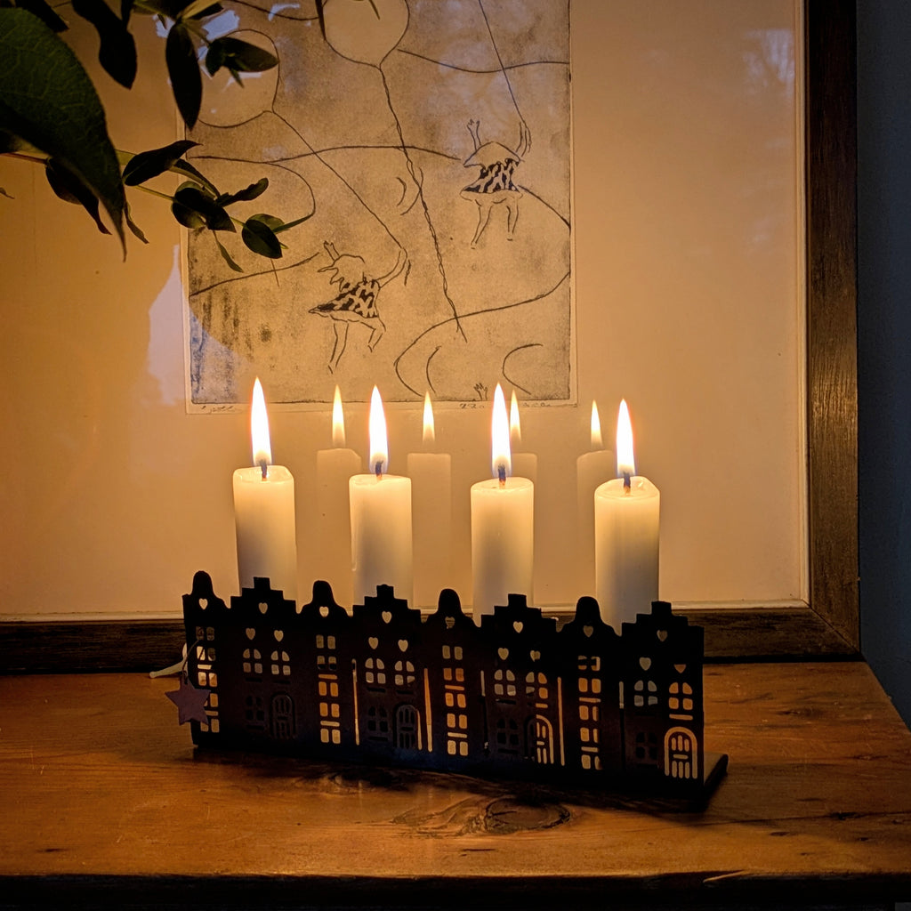 Brass 'House Facade' Candle Holder | Gift Set Includes 4 Candles - Thedanes.co.uk - Creative & Sustainable Living The Scandinavian Way