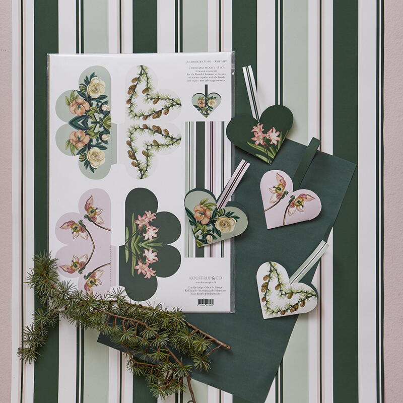 Scandinavian Christmas Paper Hearts| Botanical Pink and Green | Hellebores & Cones - Thedanes.co.uk - Creative & Sustainable Living The Scandinavian Way