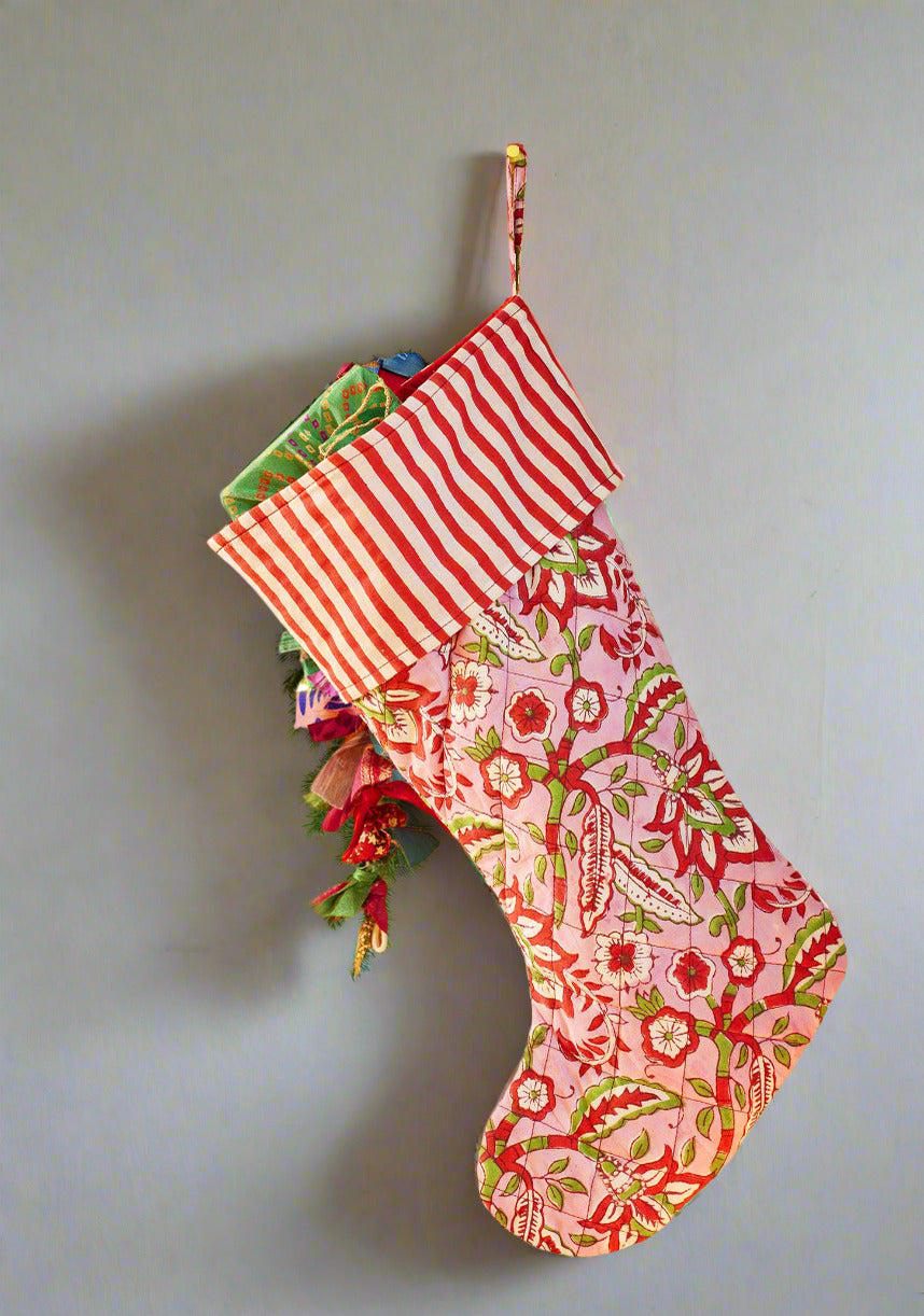 Pink Floral Block Print Christmas Stocking | Fair Trade | 23x45cm - Thedanes.co.uk - Creative & Sustainable Living The Scandinavian Way