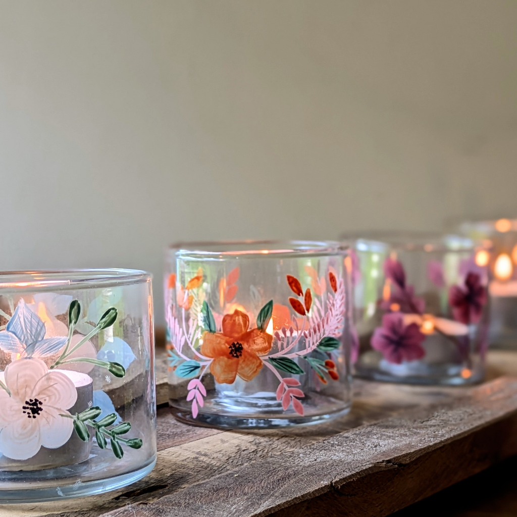 Tea Light Glass Votives With Handpainted Florals | 6 Assorted Designs - Thedanes.co.uk - Creative & Sustainable Living The Scandinavian Way