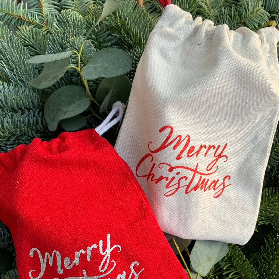 Merry Christmas Drawstring Cloth Gift Bag | Set of 2