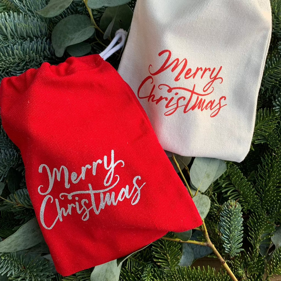 Merry Christmas Drawstring Cloth Gift Bag | Set of 2