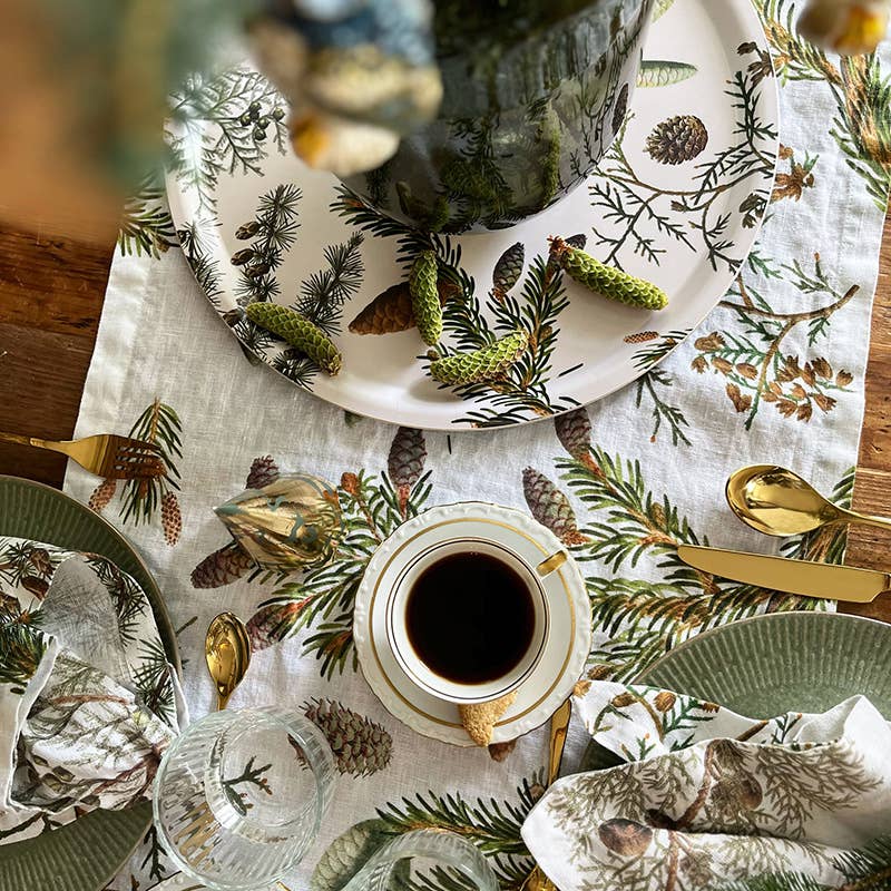 Linen Table Runner - Pine Cones & Winter Foliage | 145cm by The Danes