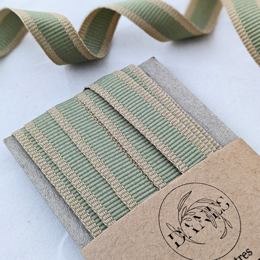 Striped Sage Green & Brown Kraft Ribbon 15mm | 5M