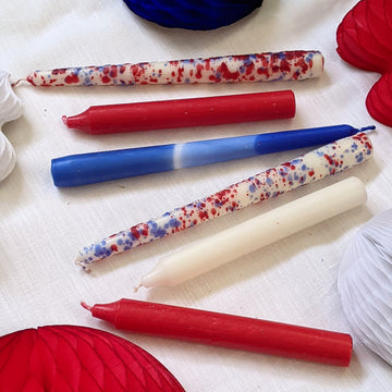 Kings Coronation Dinner Candles, Handmade - Red/Blue Confetti