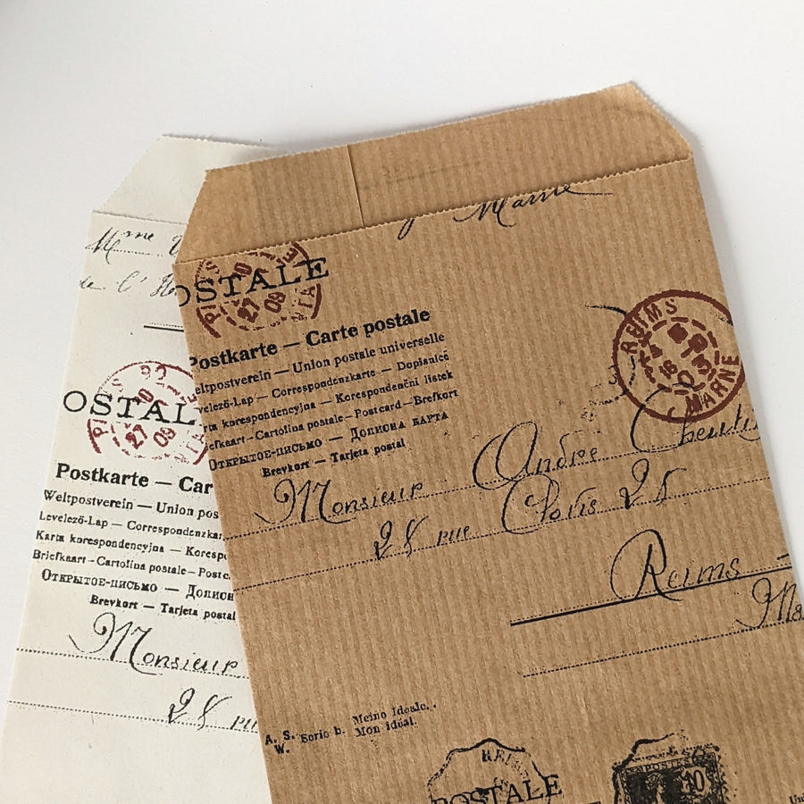 Vintage Ephemera Postage Paper Gift Bags - Brown Kraft or White x 12