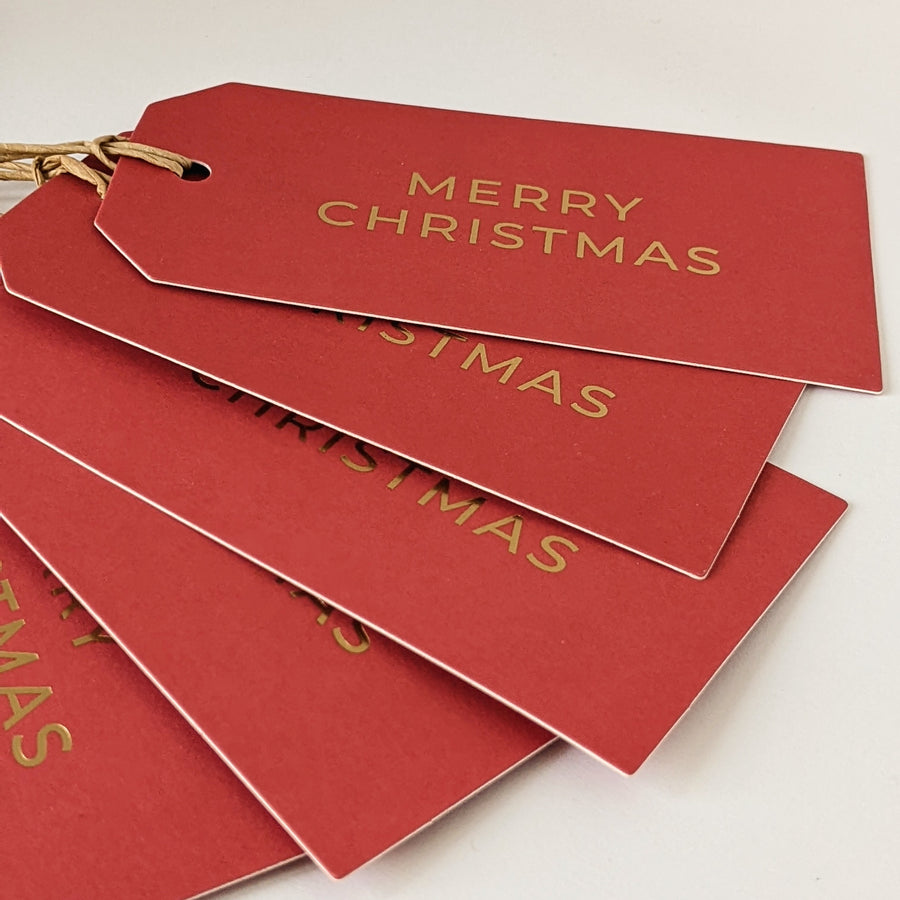 5 Red With Gold Merry Christmas Gift Tags