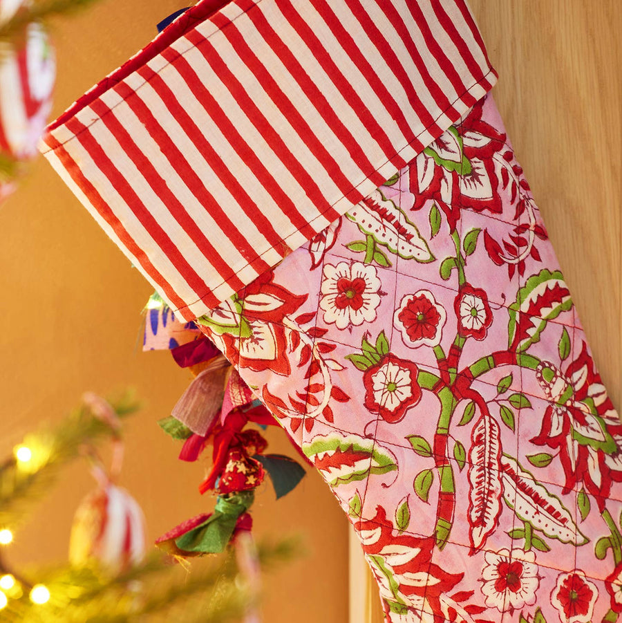 Pink Floral Block Print Christmas Stocking | Fair Trade | 23x45cm - Thedanes.co.uk - Creative & Sustainable Living The Scandinavian Way