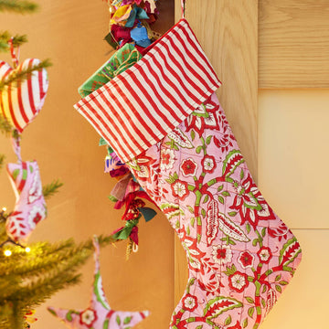 Pink Floral Block Print Christmas Stocking | Fair Trade | 23x45cm - Thedanes.co.uk - Creative & Sustainable Living The Scandinavian Way