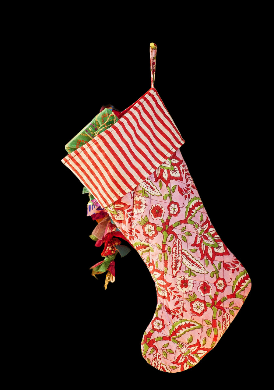 Pink Floral Block Print Christmas Stocking | Fair Trade | 23x45cm - Thedanes.co.uk - Creative & Sustainable Living The Scandinavian Way