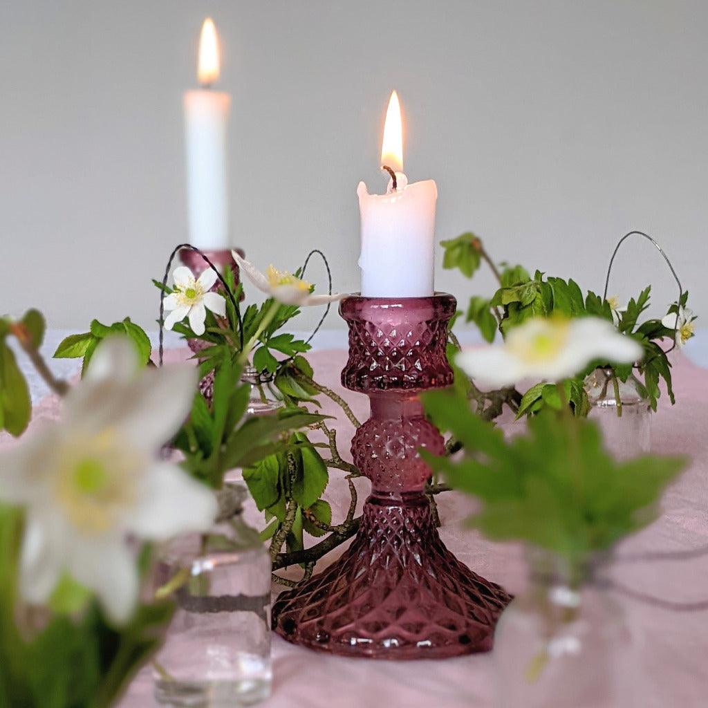 Pink Pressed Glass Dinner Candlestick - 10cm - Thedanes.co.uk - Creative & Sustainable Living The Scandinavian Way