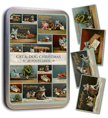 20 Postcard In A Tin | Vintage Cat & Dog Christmas Note Cards