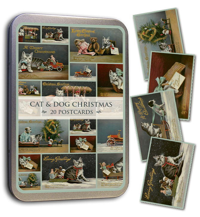 20 Postcard In A Tin | Vintage Cat & Dog Christmas Note Cards