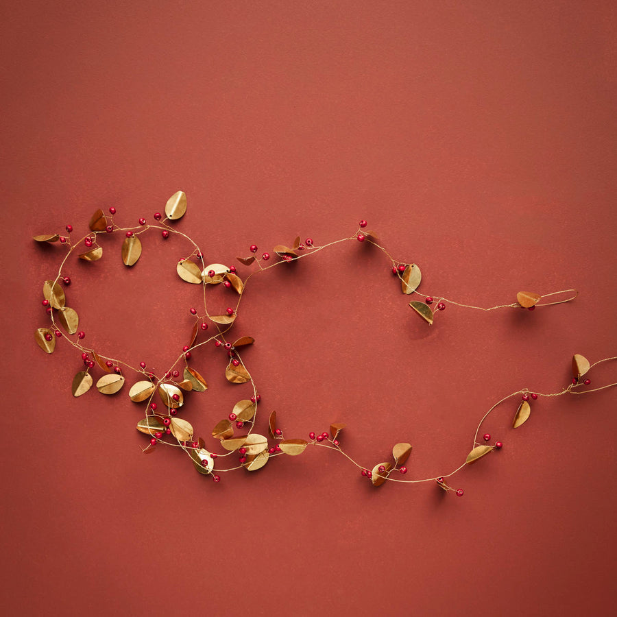 Red Bead & Brass Leaf Garland | 180cm - Thedanes.co.uk - Creative & Sustainable Living The Scandinavian Way