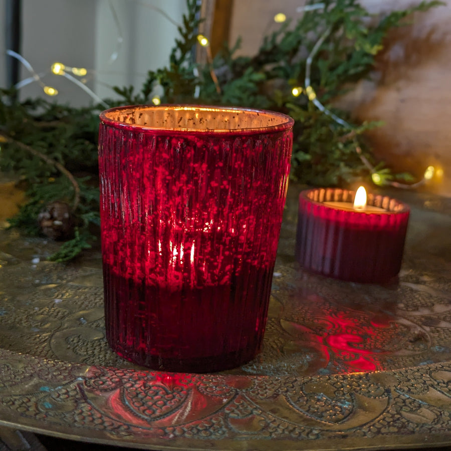 Red Metallic Ribbed Glass Tea Light Votive - Thedanes.co.uk - Creative & Sustainable Living The Scandinavian Way