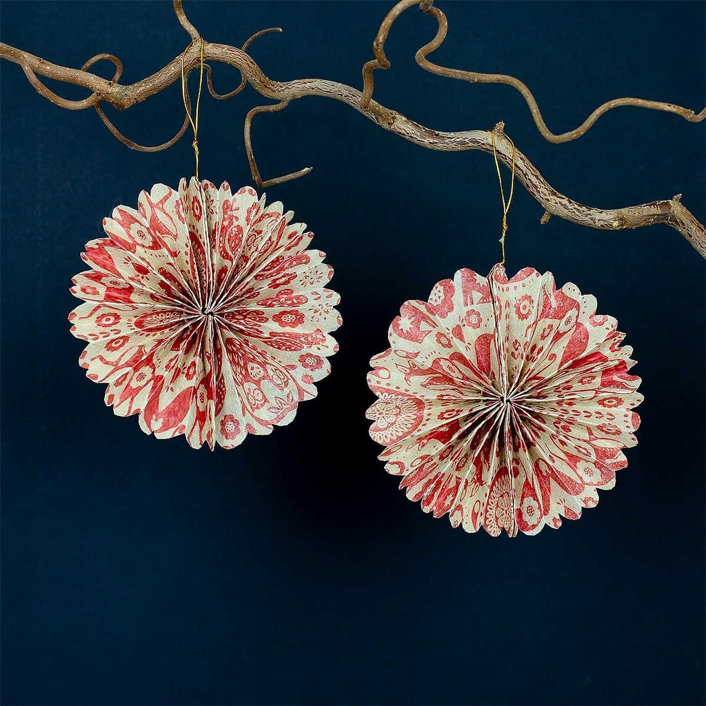 Red & White Scandi Motifs Paper Fan Christmas Decorations | Set of 2 - Thedanes.co.uk - Creative & Sustainable Living The Scandinavian Way