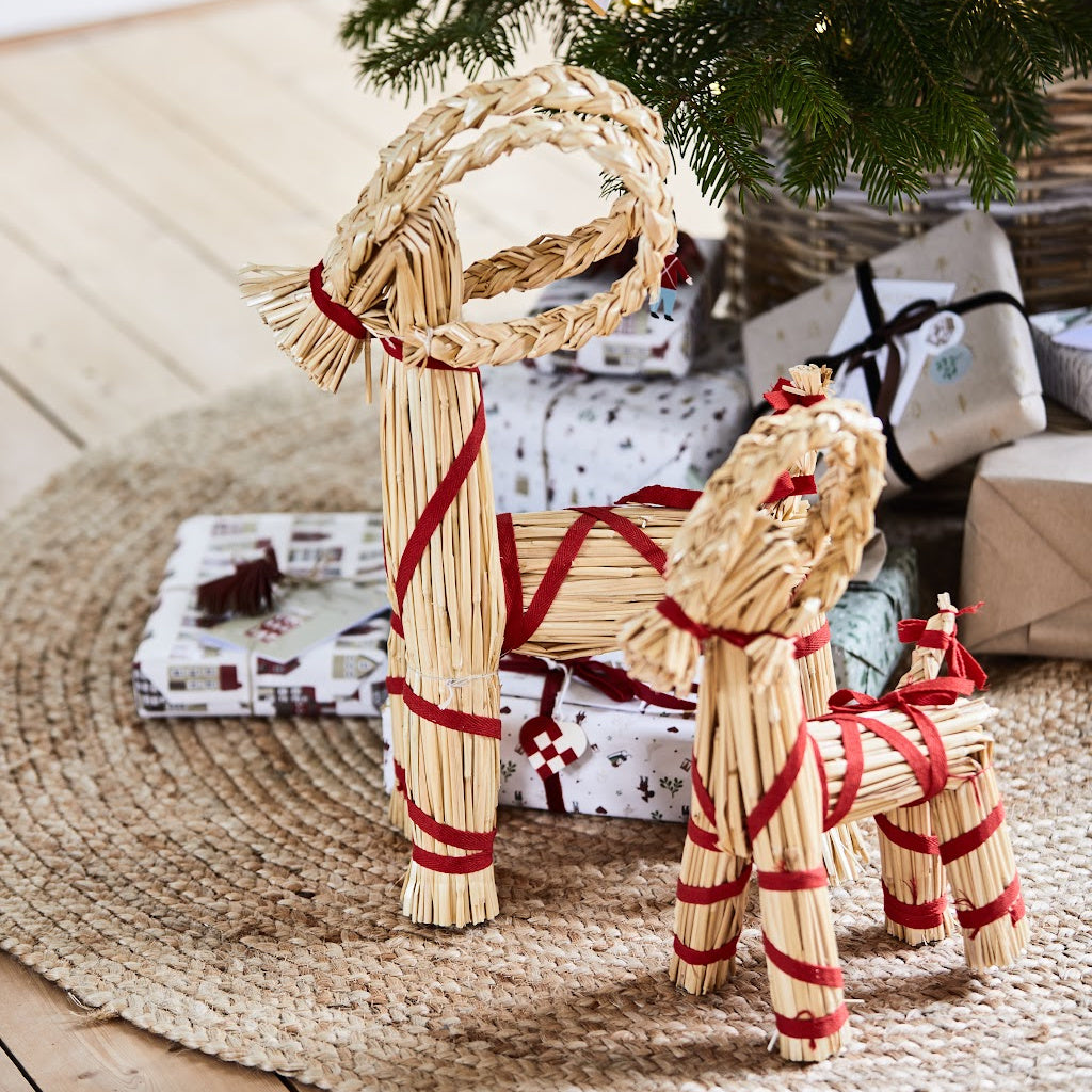 Scandi Straw Christmas Goat With Red Ribbon | Three Sizes - Thedanes.co.uk - Creative & Sustainable Living The Scandinavian Way
