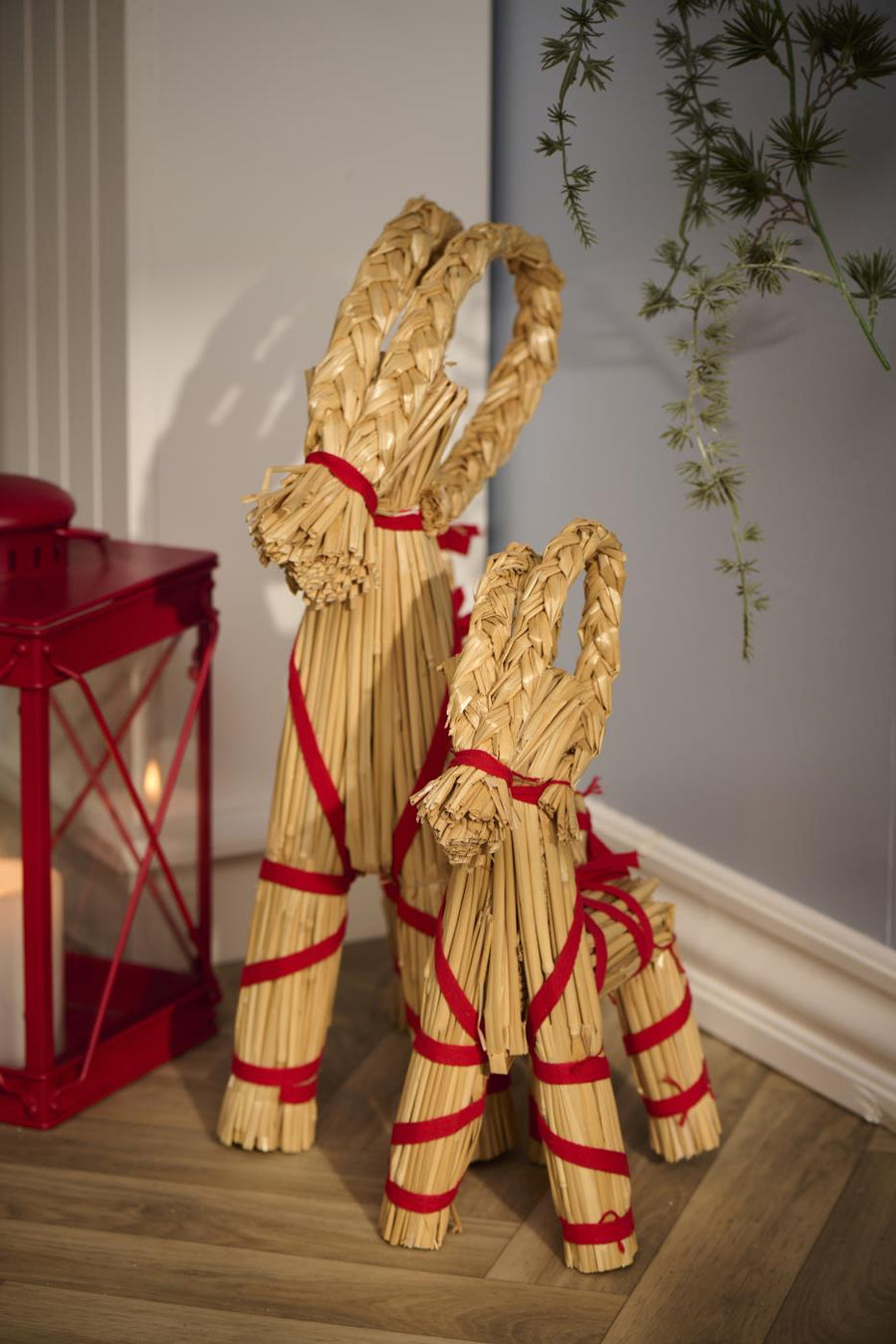 Scandi Straw Christmas Goat With Red Ribbon | Three Sizes - Thedanes.co.uk - Creative & Sustainable Living The Scandinavian Way