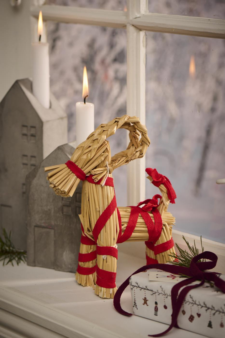Scandi Straw Christmas Goat With Red Ribbon | Three Sizes - Thedanes.co.uk - Creative & Sustainable Living The Scandinavian Way