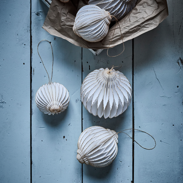 White With Gold Edge Paper Christmas Bauble Ornaments | 2 Sizes 