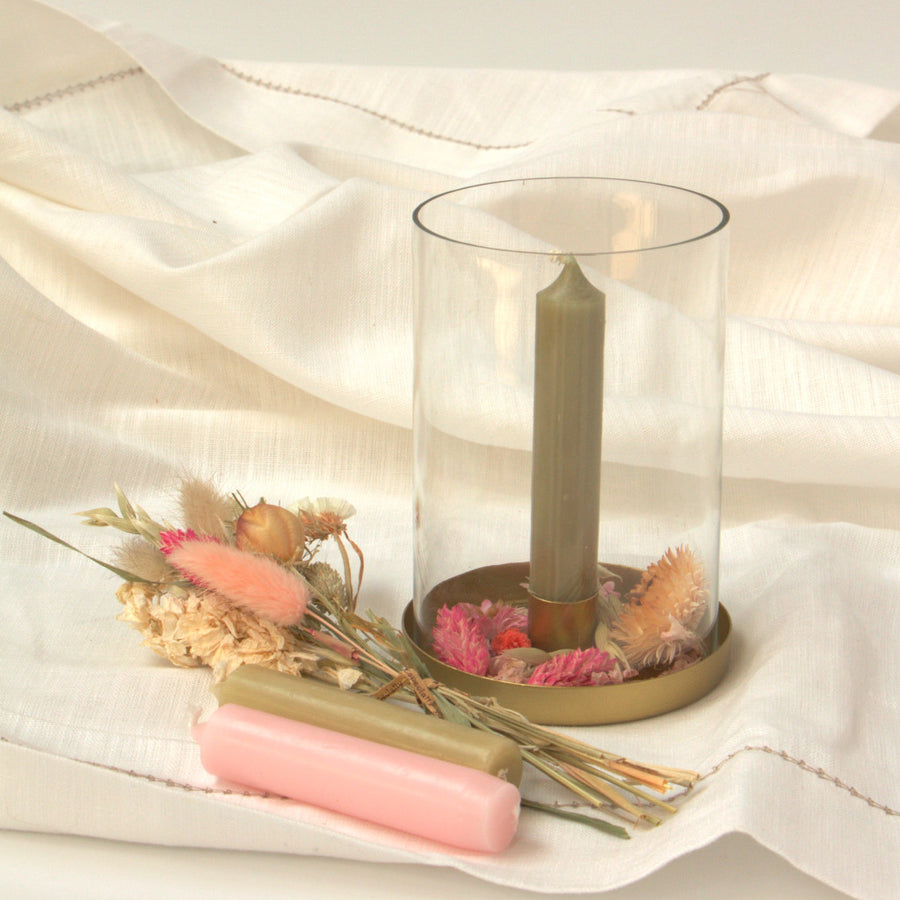 Brass Hurricane Lantern Dried Flower Candles Gift Set