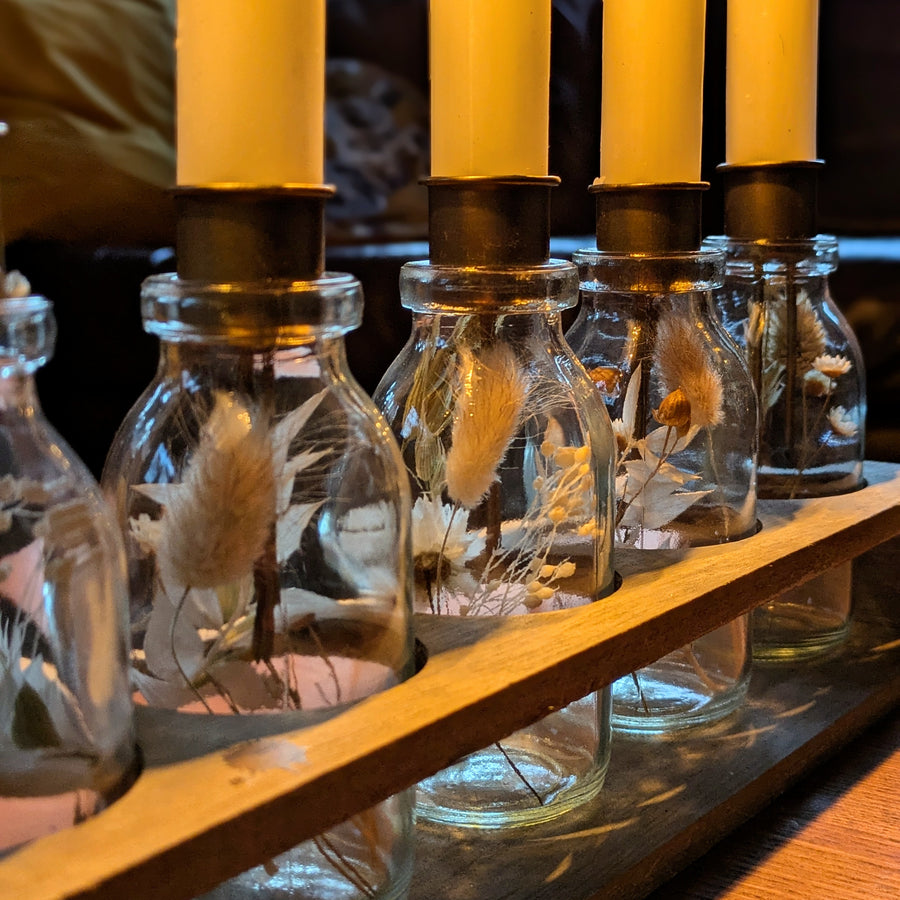 5 Glass Bottle Vases Wooden Display With Candles & Flowers - Thedanes.co.uk - Creative & Sustainable Living The Scandinavian Way