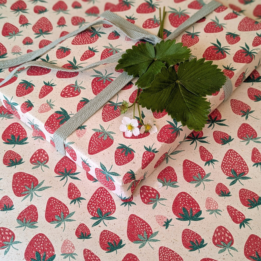 Eco Friendly Gift Wrapping Paper, Grass Fibre 'Strawberries' | 57cm x 3M - Thedanes.co.uk - Creative & Sustainable Living The Scandinavian Way
