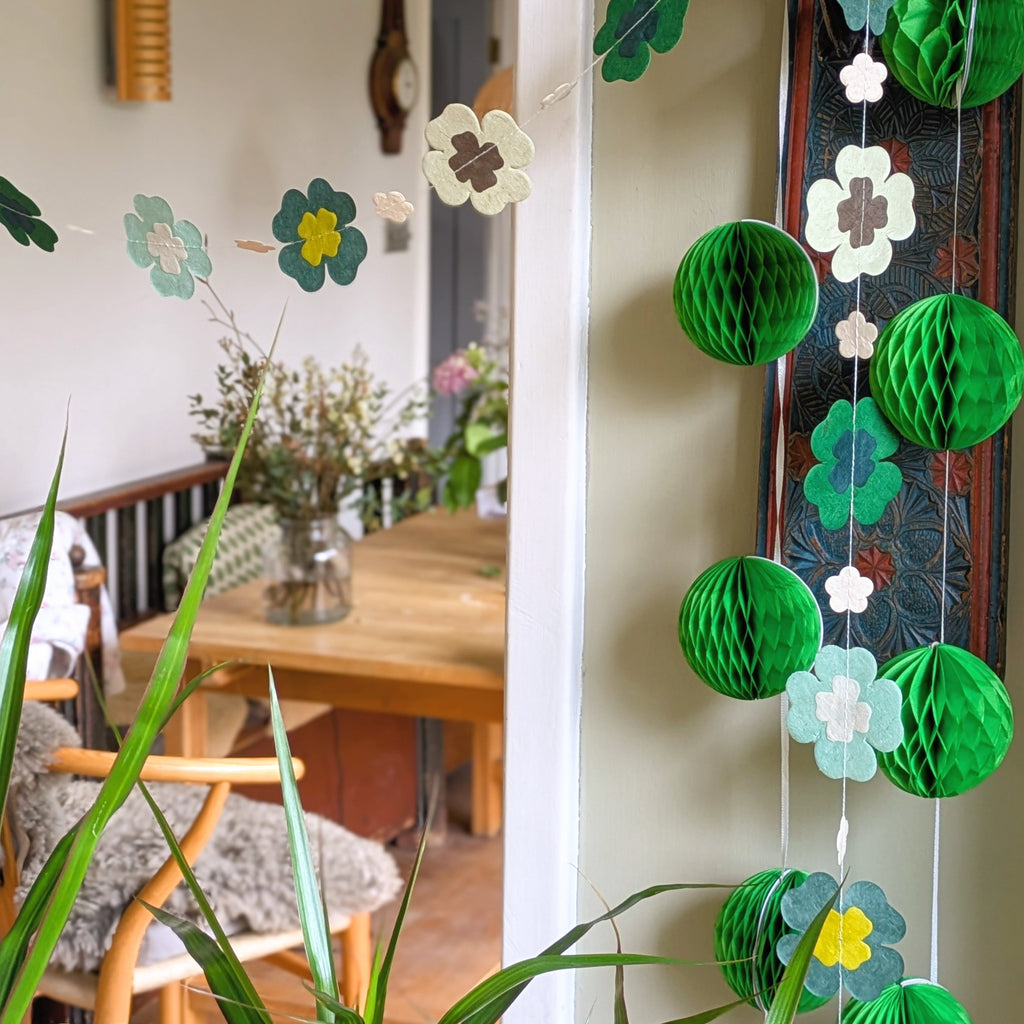 Handmade Green Flower & Clover Leaf Paper Garland | Fair Trade 195cm - Thedanes.co.uk - Creative & Sustainable Living The Scandinavian Way