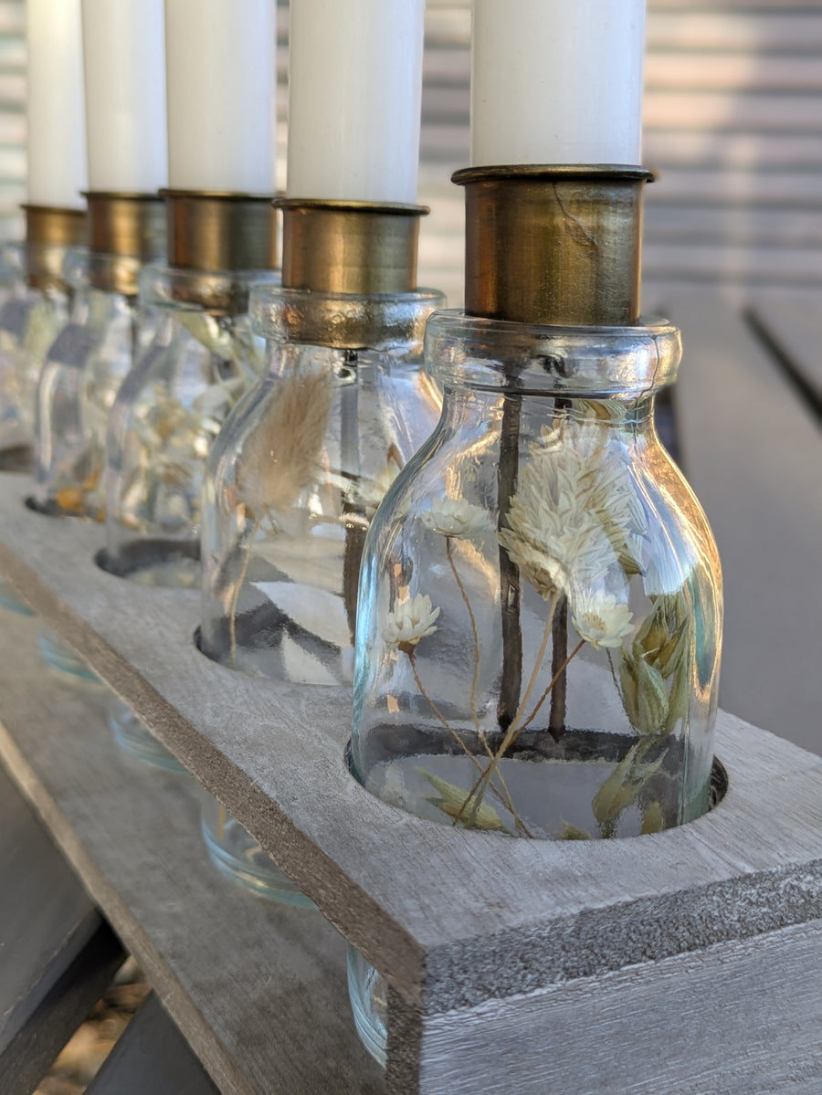 5 Glass Bottle Vases Wooden Display With Candles & Flowers - Thedanes.co.uk - Creative & Sustainable Living The Scandinavian Way