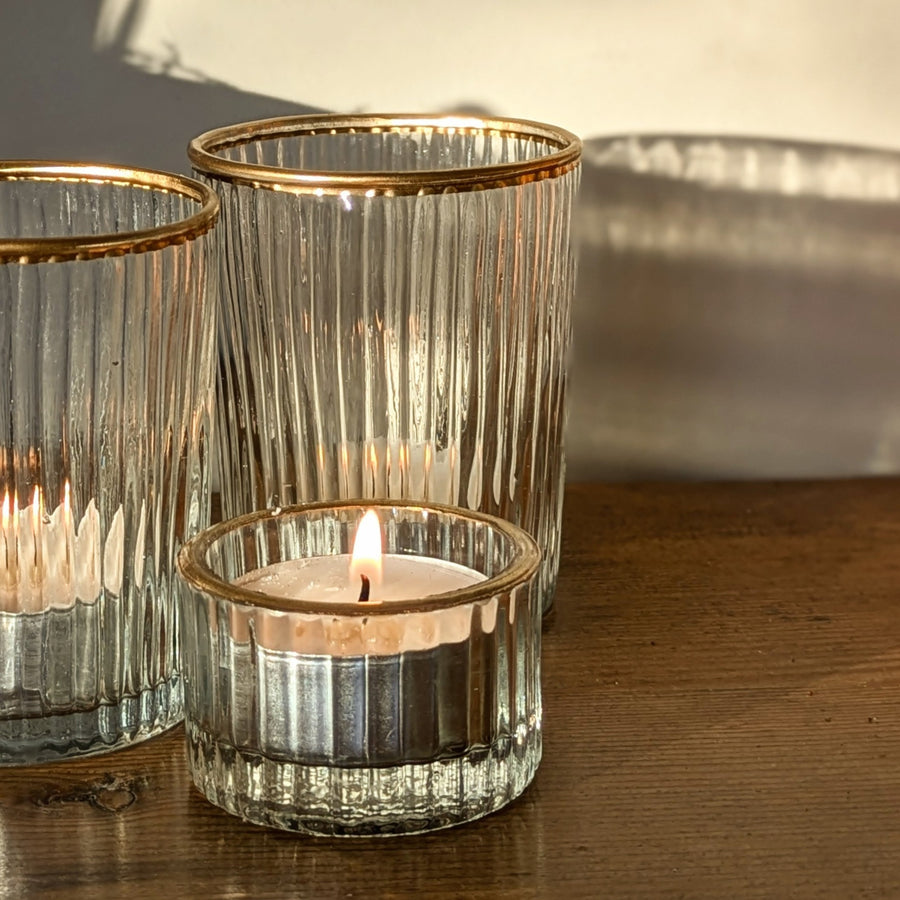 Gold Rimmed Ribbed Glass Tea Light Holder | Small - Thedanes.co.uk - Creative & Sustainable Living The Scandinavian Way