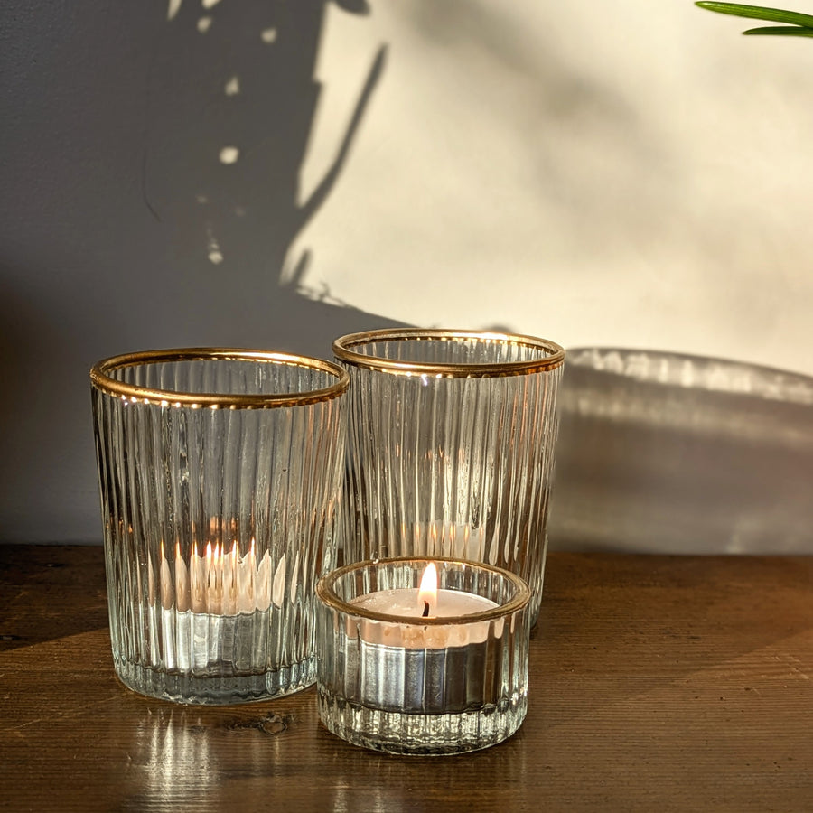 Gold Rimmed Ribbed Glass Tea Light Votive - Thedanes.co.uk - Creative & Sustainable Living The Scandinavian Way
