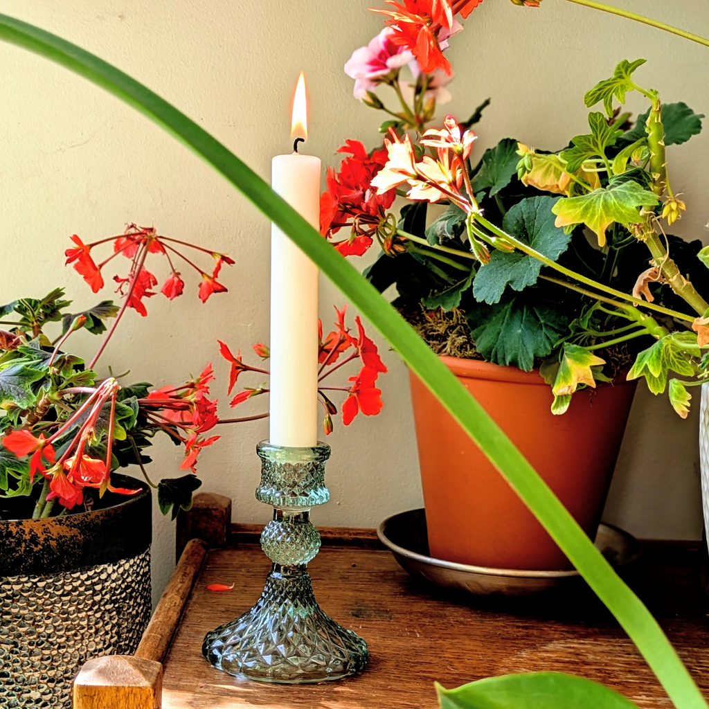 Green Harlequin Pressed Glass Dinner Candlestick | 10cm - Thedanes.co.uk - Creative & Sustainable Living The Scandinavian Way