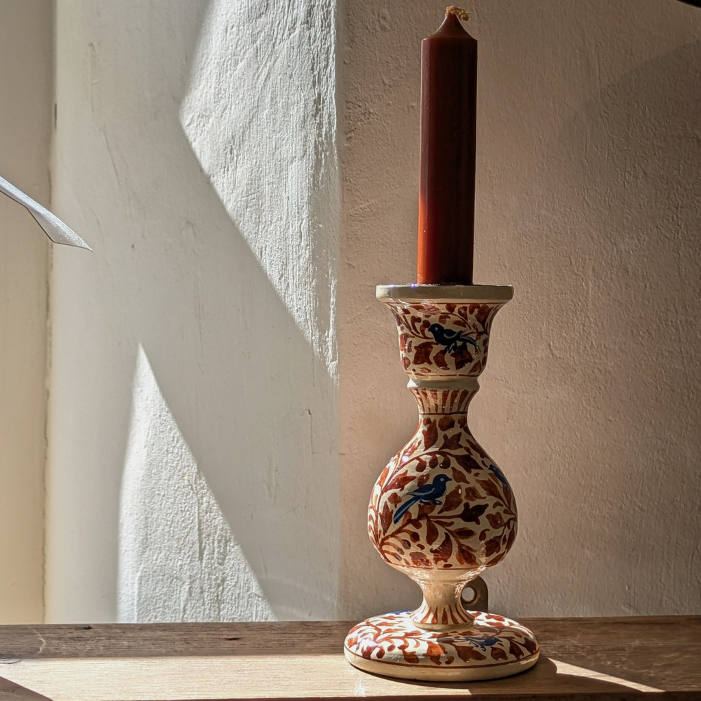 Hand Painted Kashmiri Wooden Candle Stick | Bird and Holly