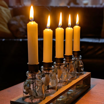 5 Glass Bottle Vases Wooden Display With Candles & Flowers - Thedanes.co.uk - Creative & Sustainable Living The Scandinavian Way