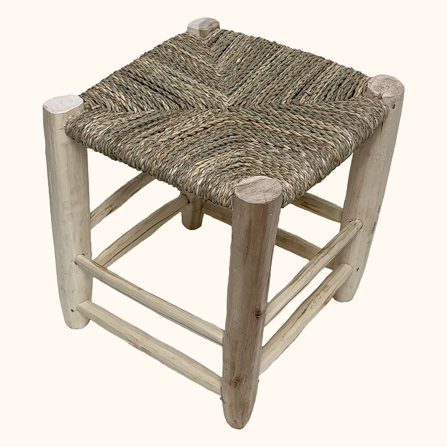 Small Wooden Stool With Woven Palm Leaf Seat