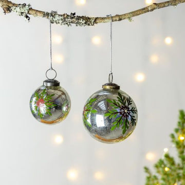 Silver Glass Bauble With Hand Painted Floral Design  - 2 Sizes - Thedanes.co.uk - Creative & Sustainable Living The Scandinavian Way