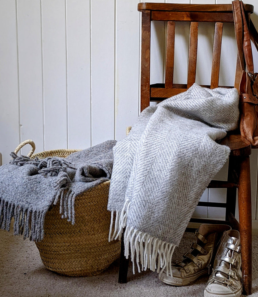 Pure New Wool Herringbone Throw | Silver Grey by Tweedmill