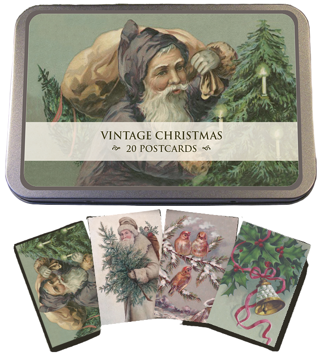 Vintage Christmas postcards in a tin with illustrations of a man with a sack, birds, and trees.