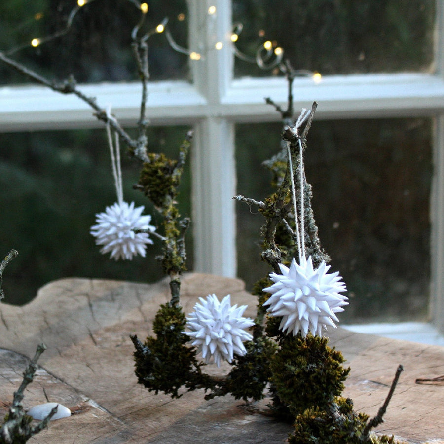 3 White Spiky Paper Bauble Decorations | Fair Trade - The Danes