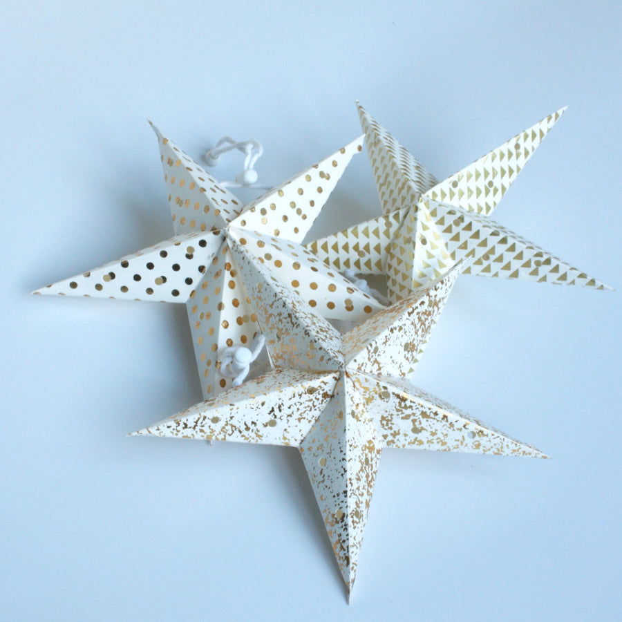 4 Paper Christmas Star Lanterns White With Gold Print - The Danes