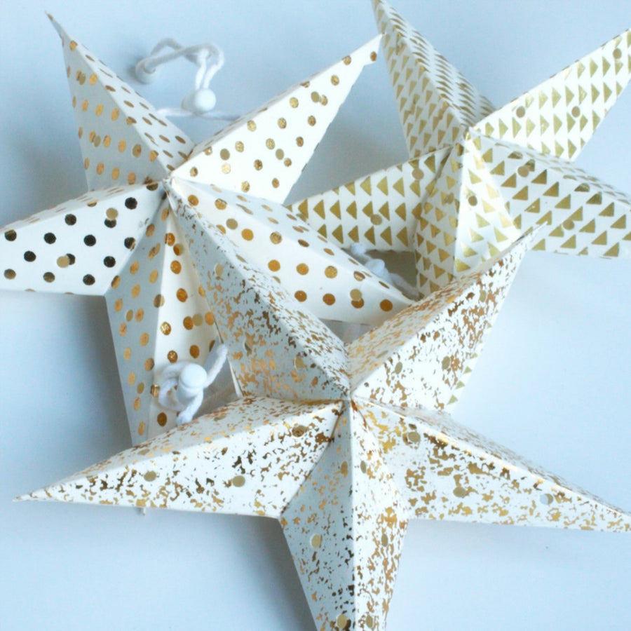 4 Paper Christmas Star Lanterns White With Gold Print - The Danes
