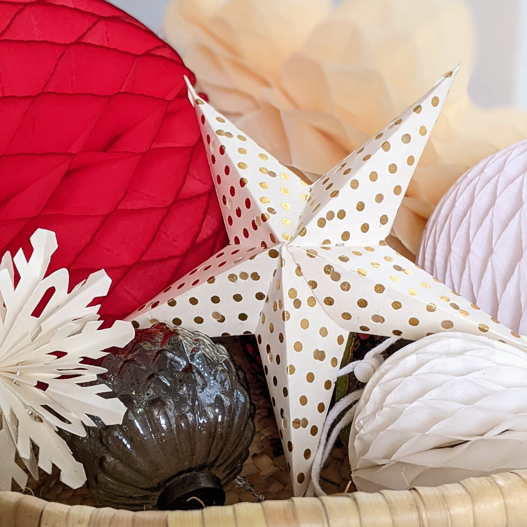 8 Paper Christmas Star Decorations - White With Gold Print - Thedanes.co.uk - Creative & Sustainable Living The Scandinavian Way